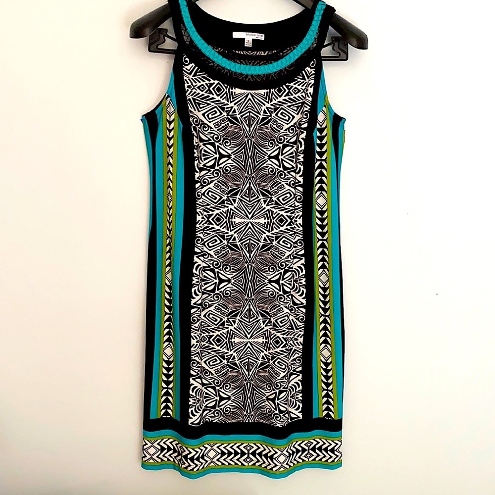 Geometric black white turquoise. Studio One dress